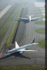 Heimflug der Airbus Großraum-Jets A350 und A380 für Qatar Airways